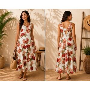 Paper Heart Maxi Dress Womens XL Cream Rust Orange Mojito Floral Linen Blend
